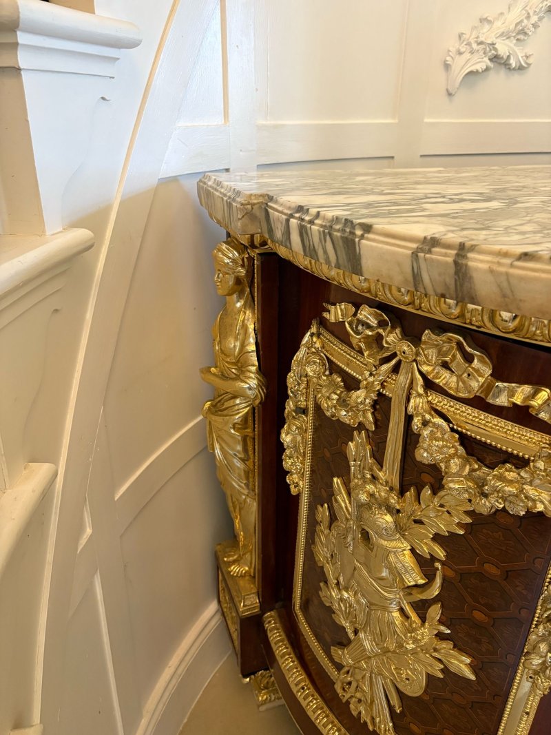 Antique Rare Fine Pair of French Early 20th Century Mahogany, Fruitwood Marquetry and Gilt Bronze Mounted Commodes In the Louis XVI Style, after the Original By Jean-Henri Riesener - Image 11